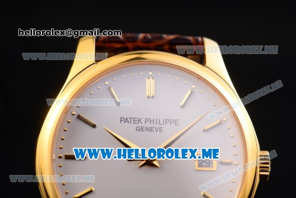 Patek Philippe Calatrava Miyota Quartz Yellow Gold Case with White Dial and Brown Leather Strap Stick Markers - Click Image to Close